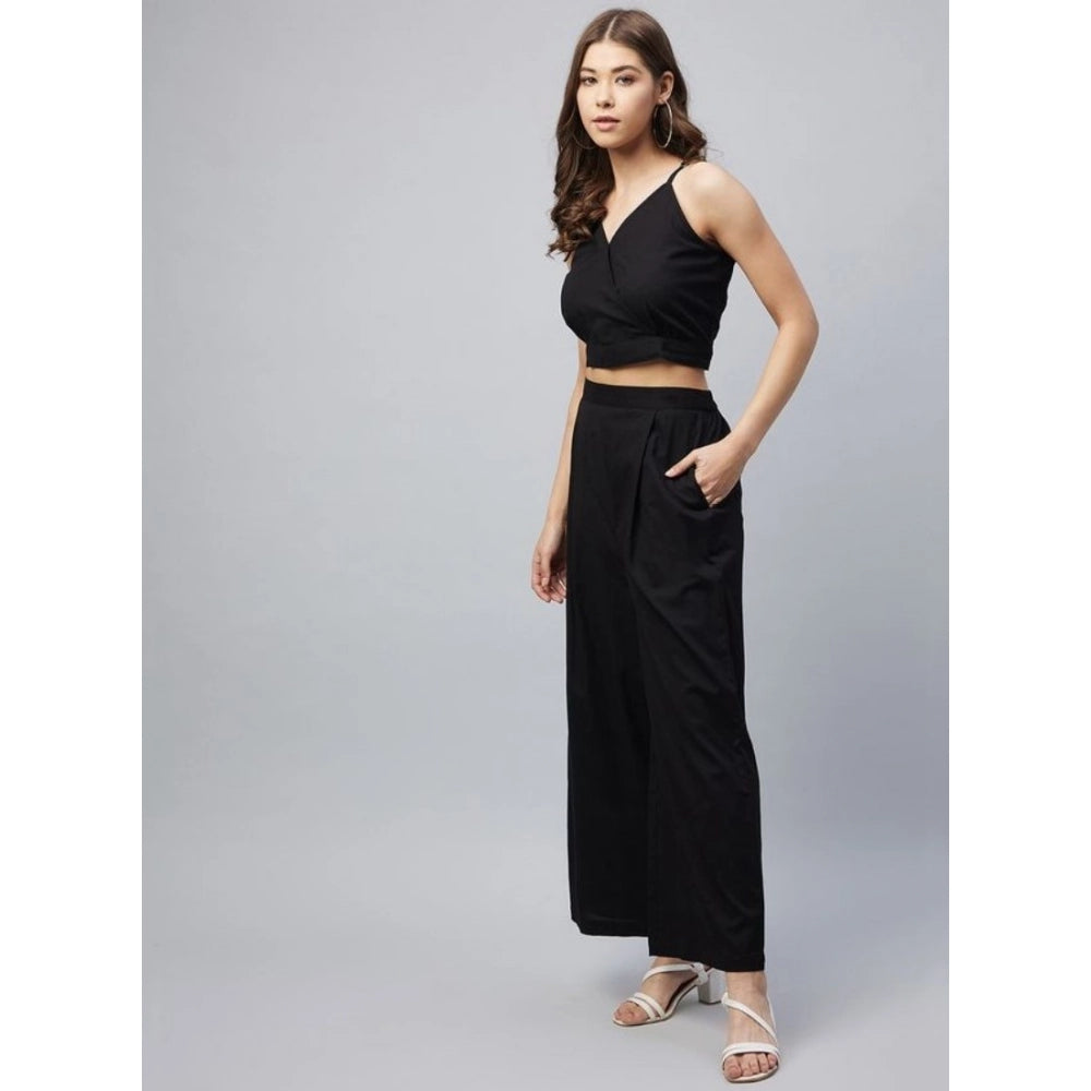 Seduva Women's Cotton Linen Solid Sleeveless Crop Top and Palazzo Set (Black)
