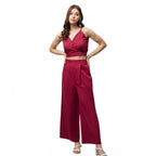 Seduva Women's Cotton Linen Solid Sleeveless Crop Top and Palazzo Set (Maroon)