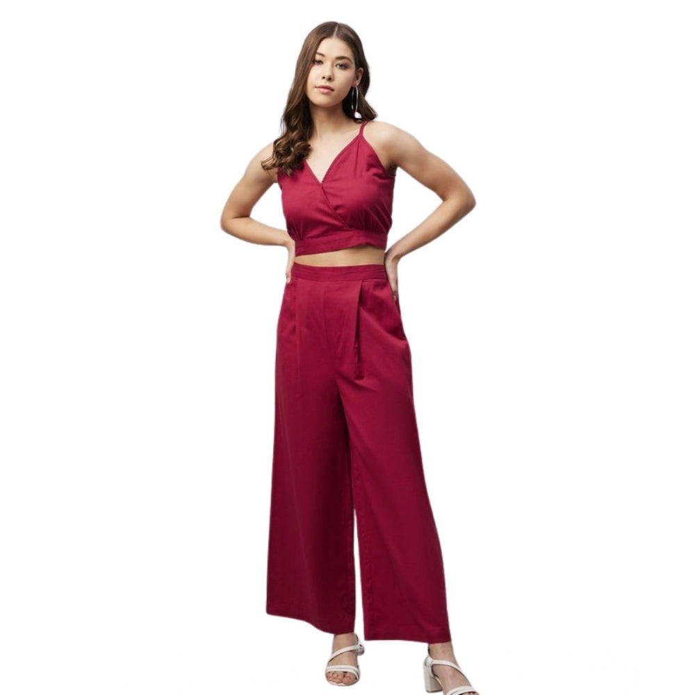 Seduva Women's Cotton Linen Solid Sleeveless Crop Top and Palazzo Set (Maroon)