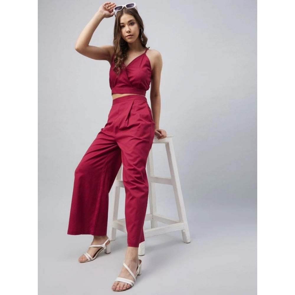Seduva Women's Cotton Linen Solid Sleeveless Crop Top and Palazzo Set (Maroon)