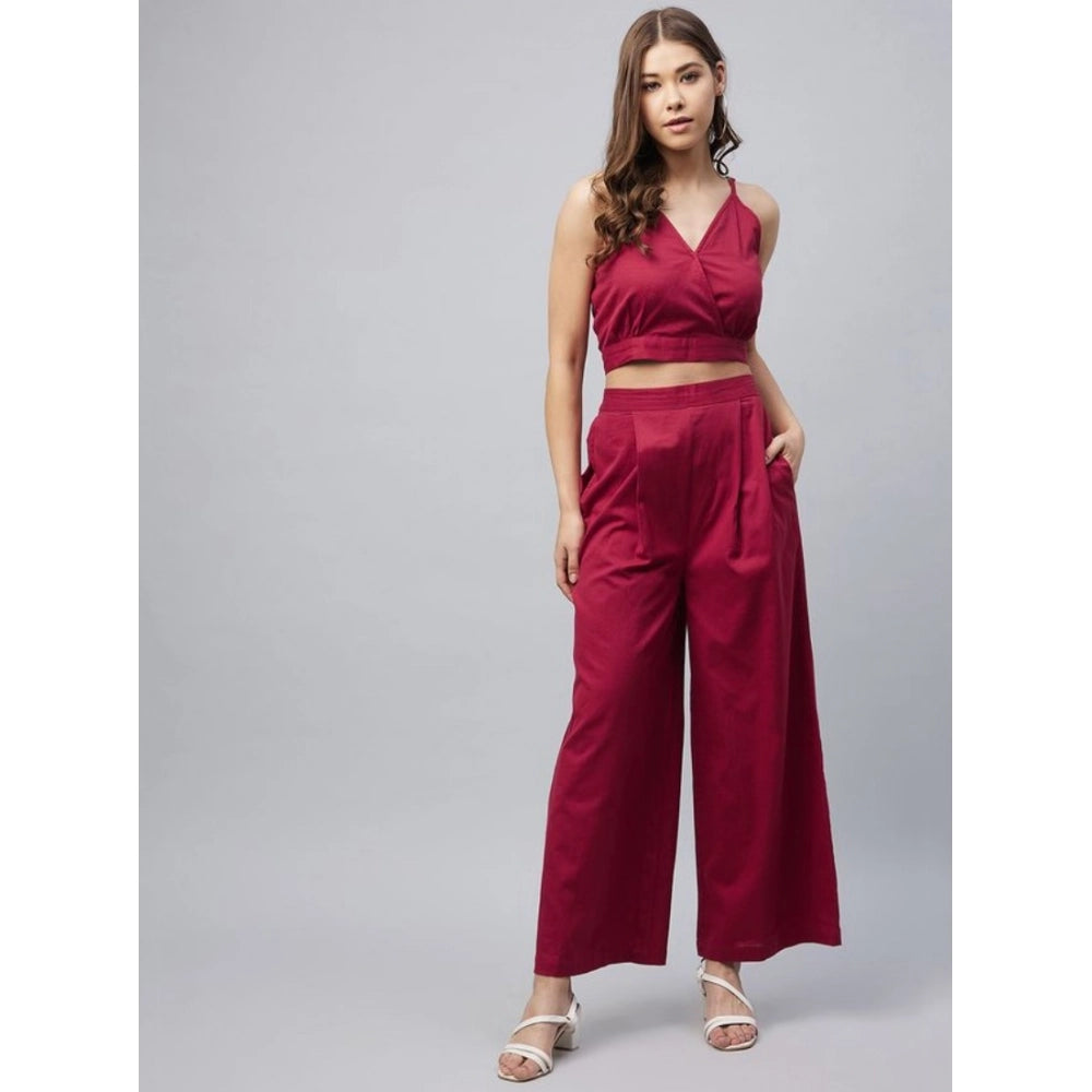 Seduva Women's Cotton Linen Solid Sleeveless Crop Top and Palazzo Set (Maroon)