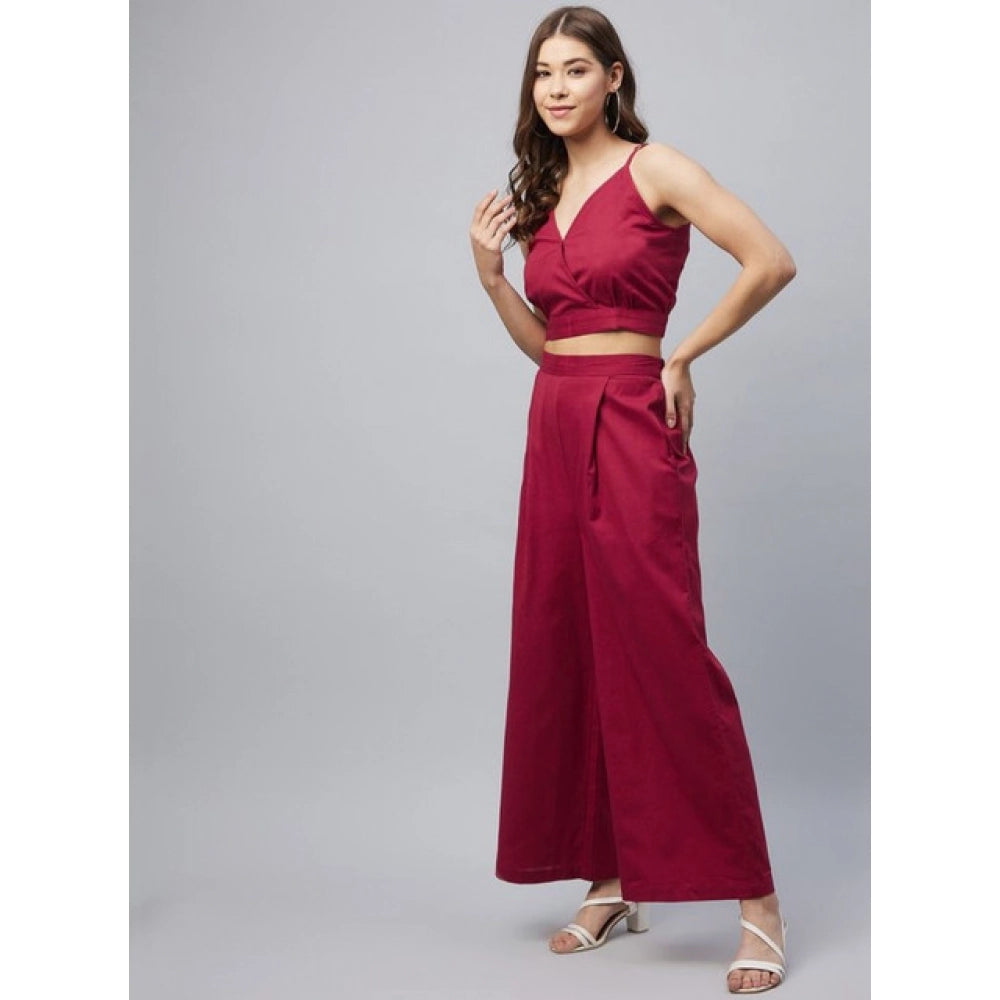Seduva Women's Cotton Linen Solid Sleeveless Crop Top and Palazzo Set (Maroon)
