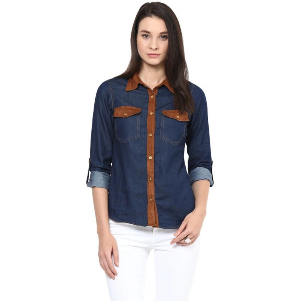 Seduva Women's Denim Cotton based Solid Long Sleeves Shirt (Blue)