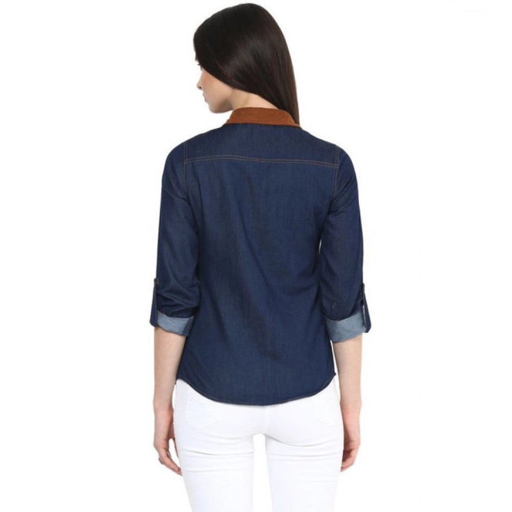 Seduva Women's Denim Cotton based Solid Long Sleeves Shirt (Blue)
