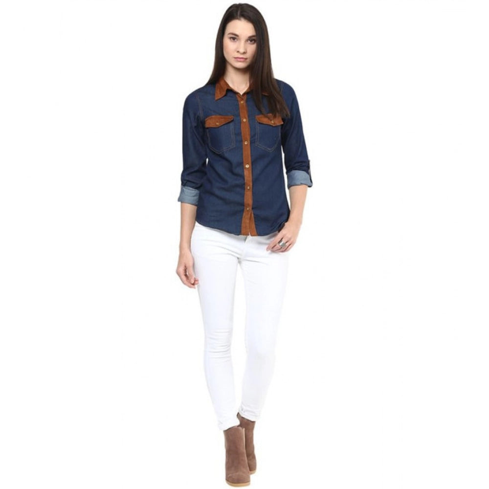 Seduva Women's Denim Cotton based Solid Long Sleeves Shirt (Blue)