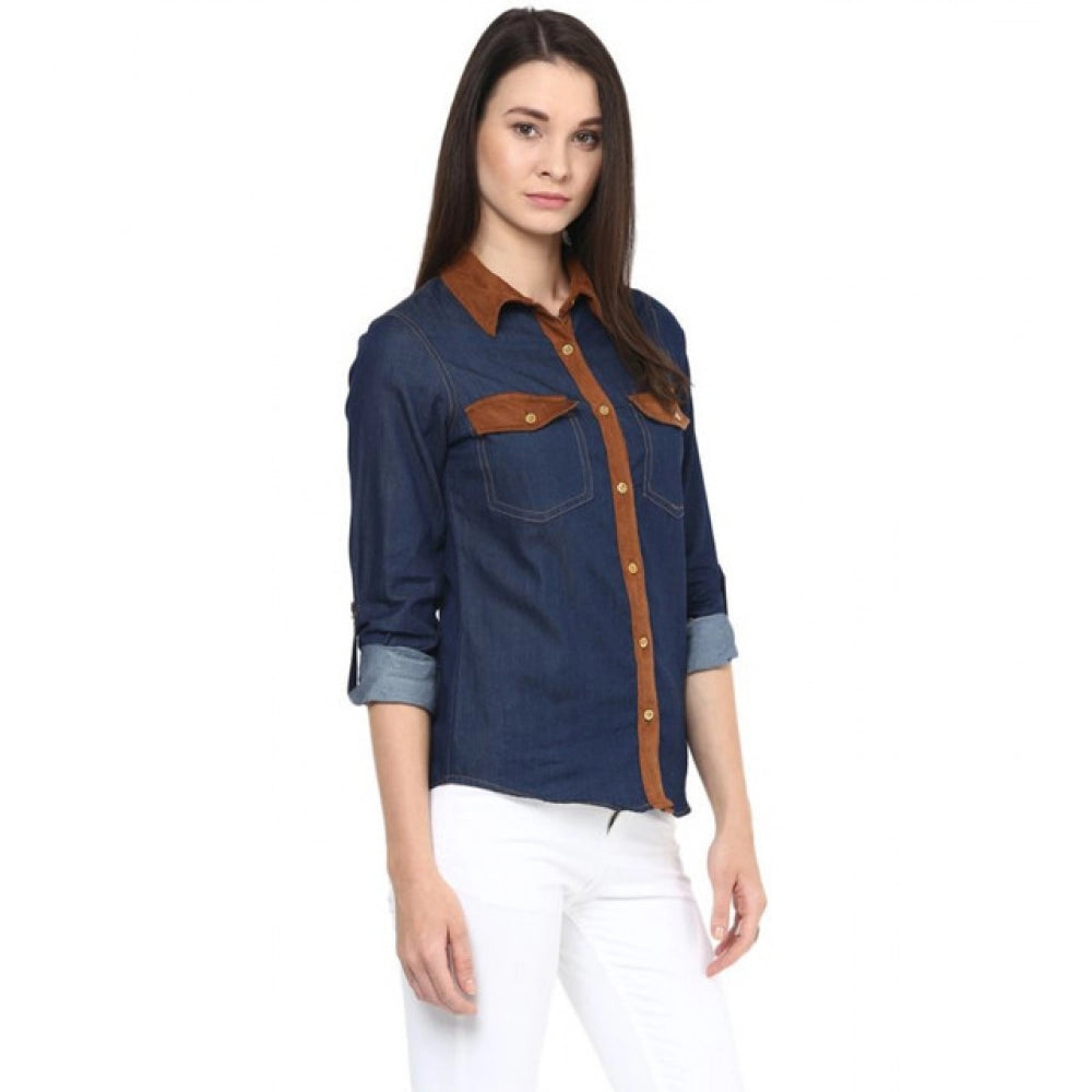 Seduva Women's Denim Cotton based Solid Long Sleeves Shirt (Blue)