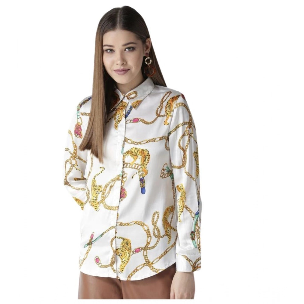 Seduva Women's Satin Printed Long Sleeves Shirt (White-Gold)