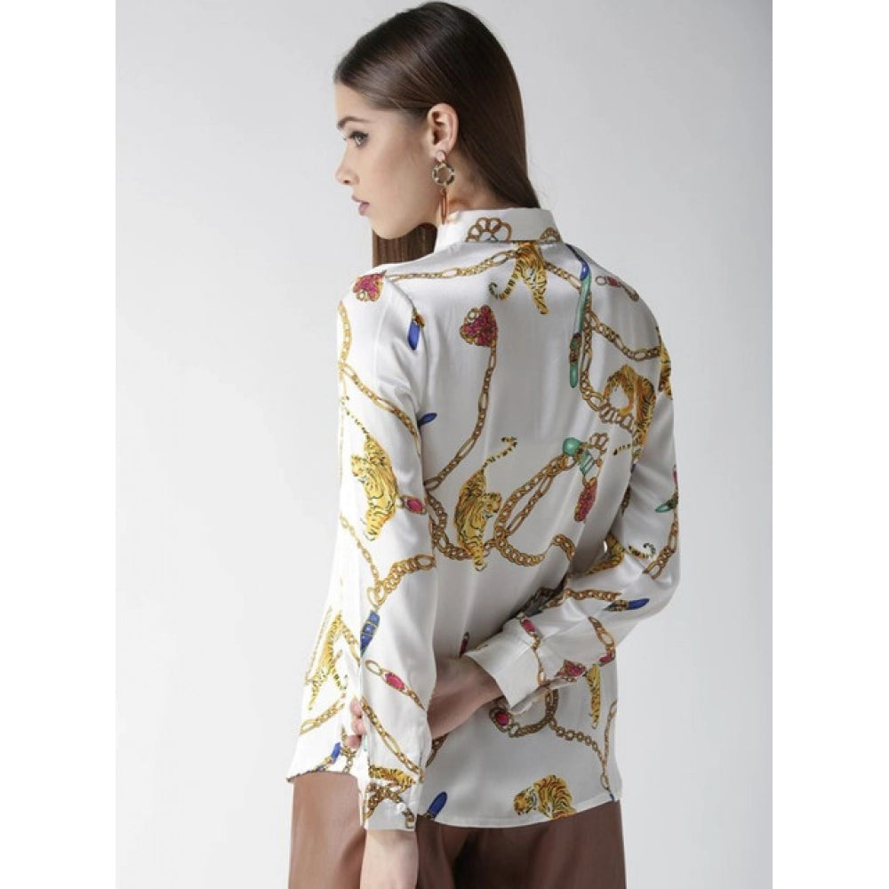 Seduva Women's Satin Printed Long Sleeves Shirt (White-Gold)