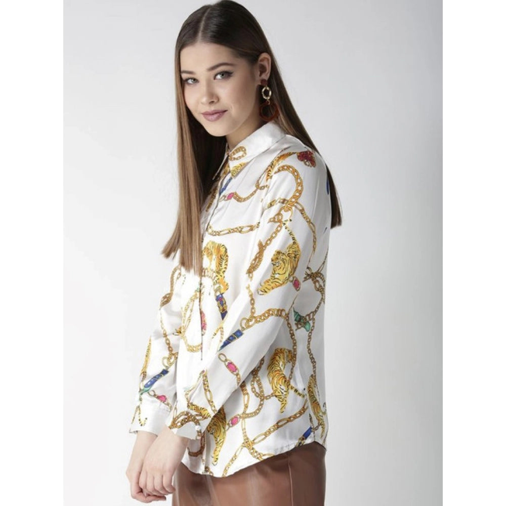 Seduva Women's Satin Printed Long Sleeves Shirt (White-Gold)