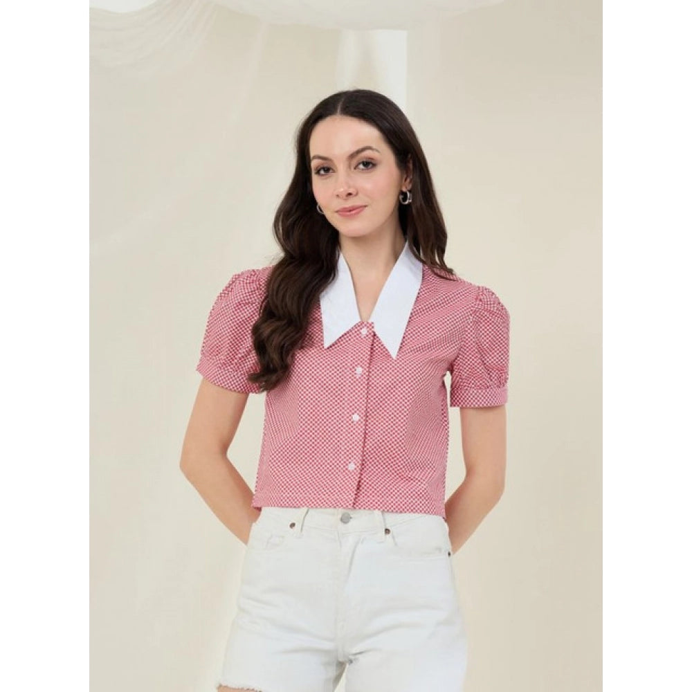 Seduva Women's Cotton Checkered Half Sleeve Shirt (Red - White)