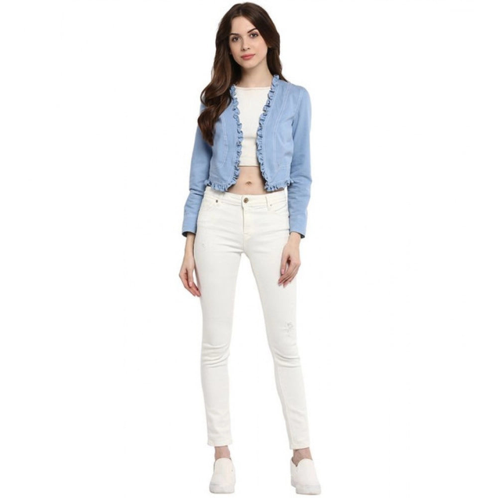 Seduva Women's Denim Ruffled Long Sleeves Shrug (Blue)