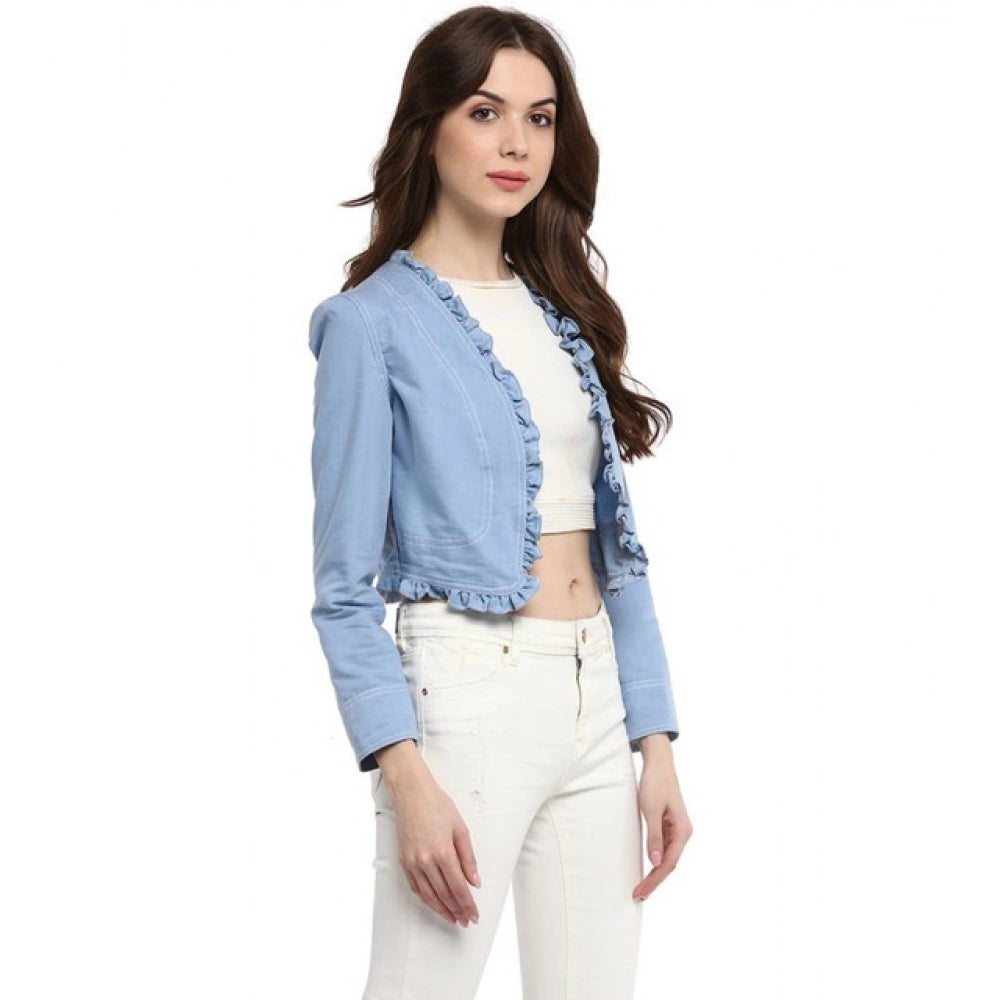 Seduva Women's Denim Ruffled Long Sleeves Shrug (Blue)