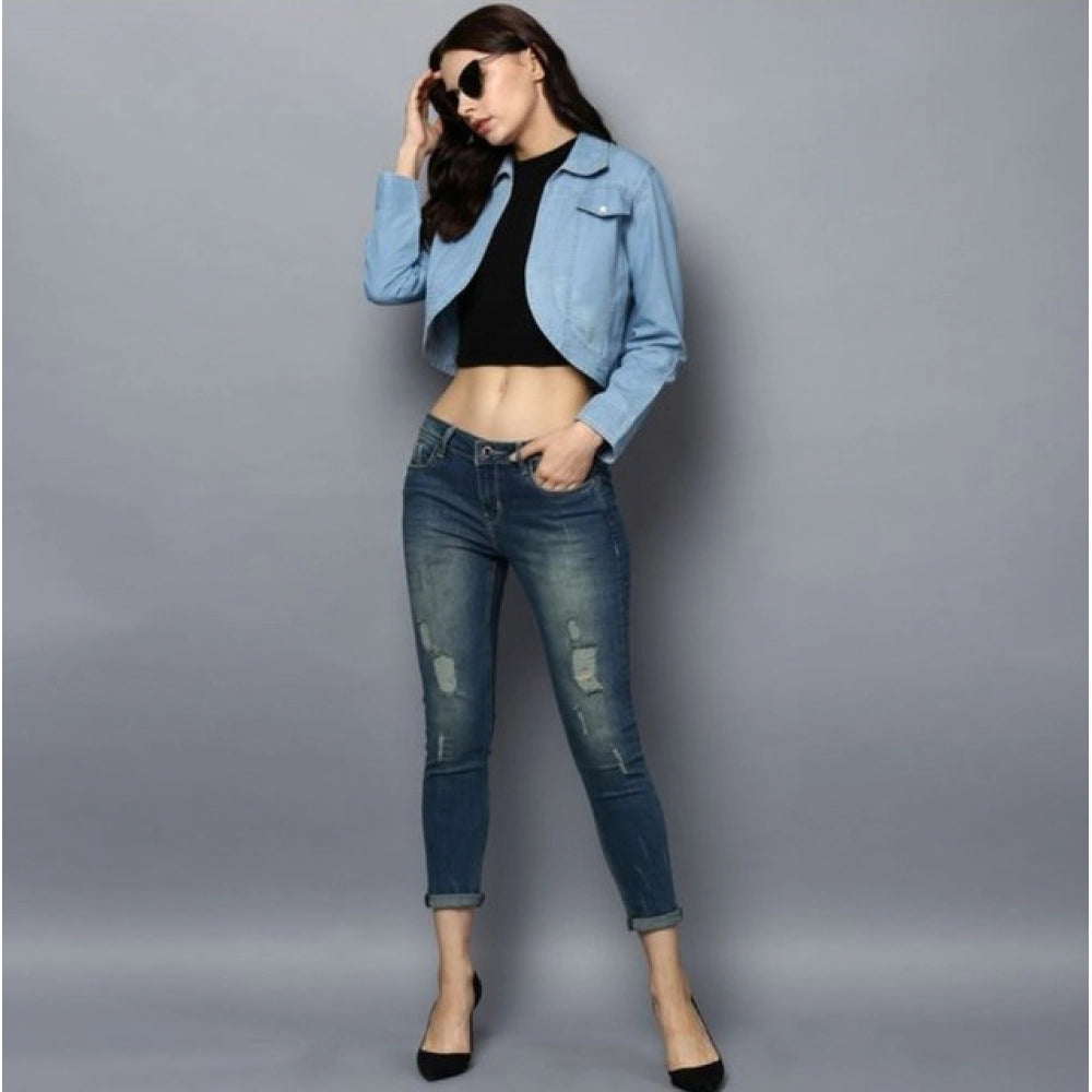 Seduva Women's Denim Solid 3-4th Sleeves Shrug (Blue)