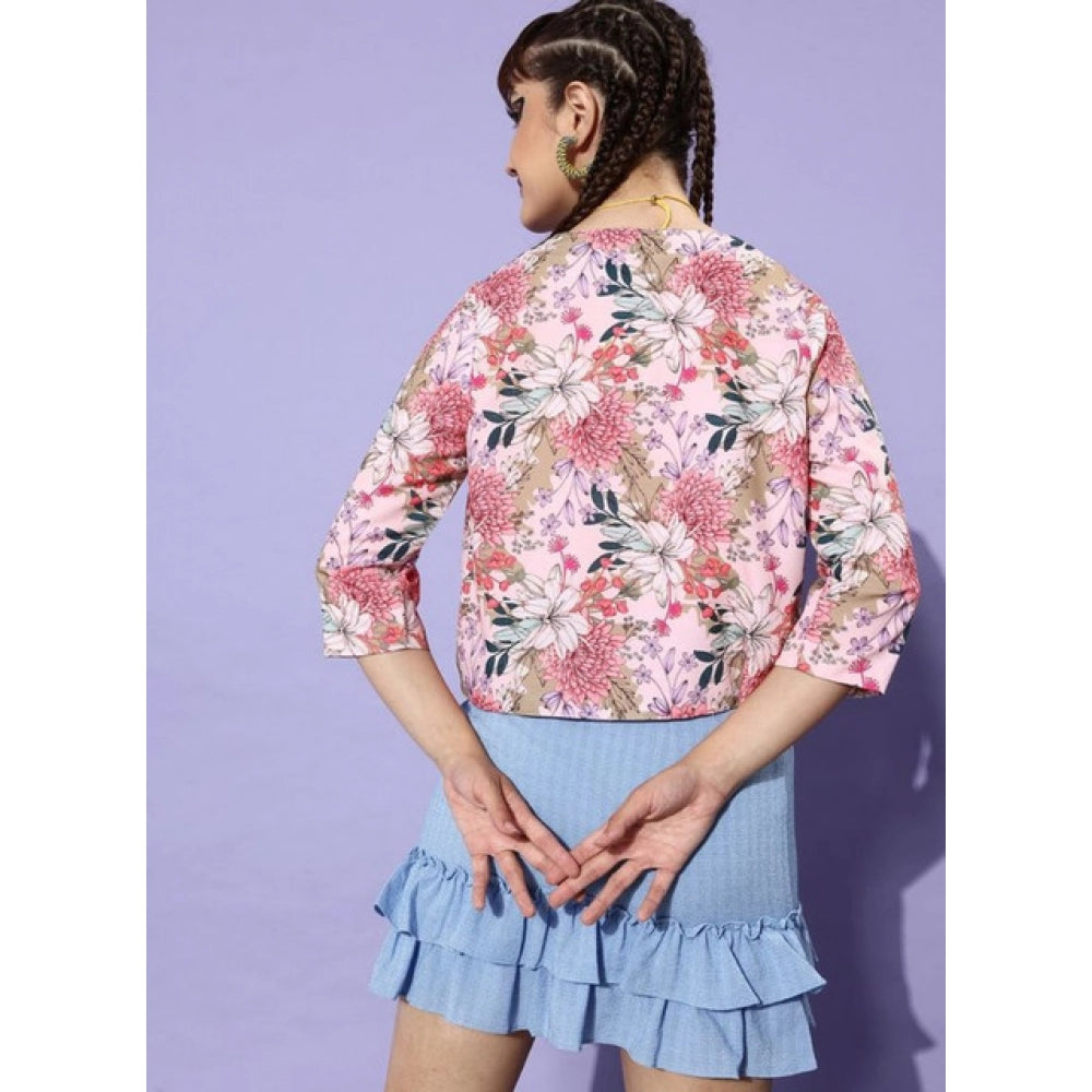Seduva Women's Polyester Floral 3-4th Sleeves Shrug (Peach)
