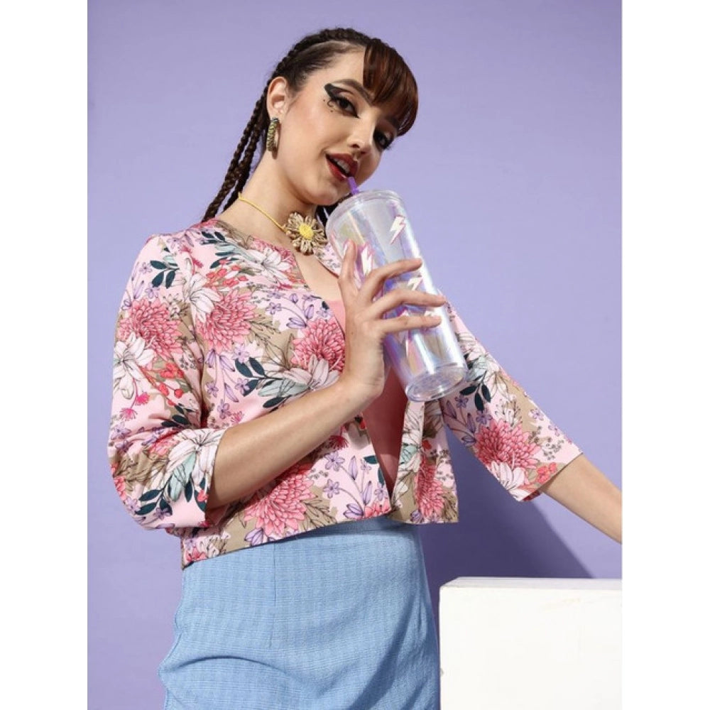 Seduva Women's Polyester Floral 3-4th Sleeves Shrug (Peach)