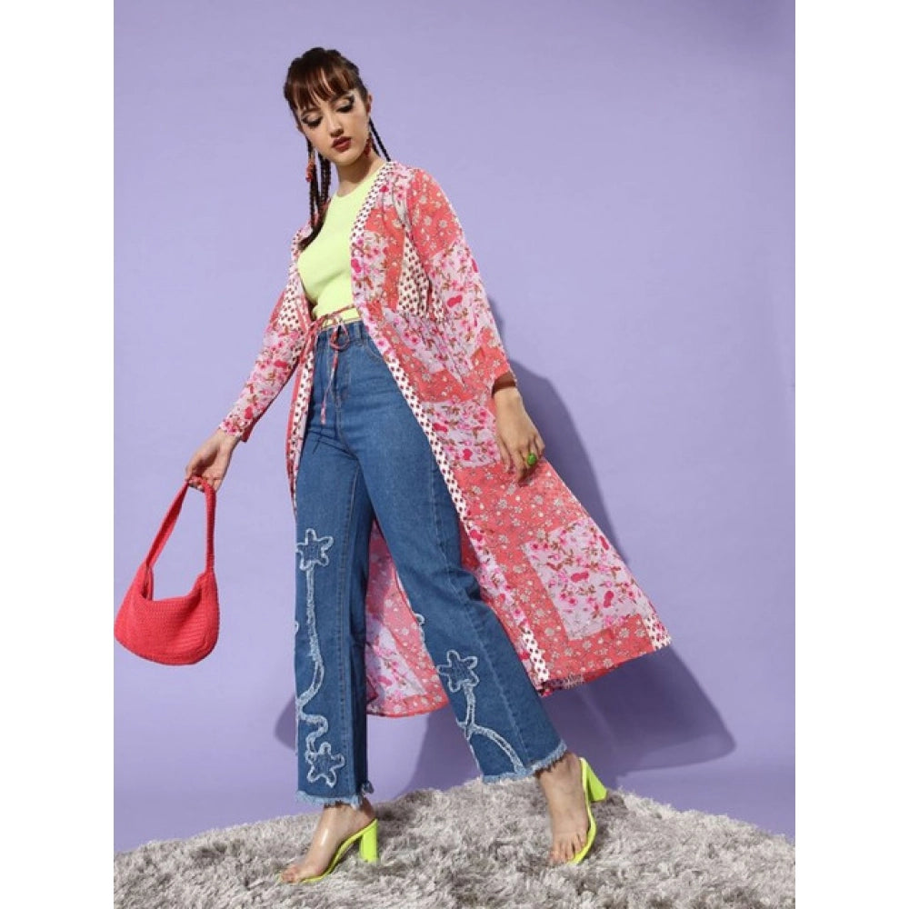 Seduva Women's Polyester Floral Long Sleeves Shrug (Pink-Coral)