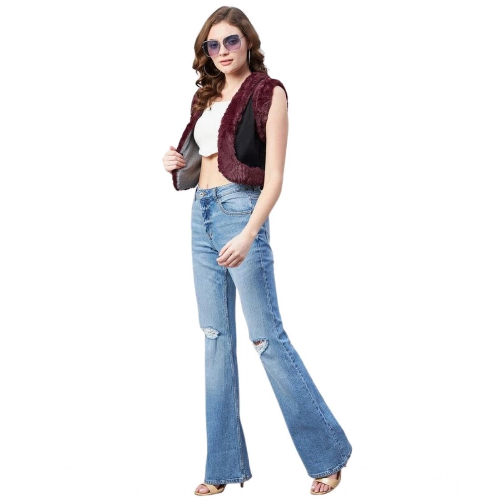 Seduva Women's Denim And Fur Solid Sleeveless Shrug (Black - Maroon)