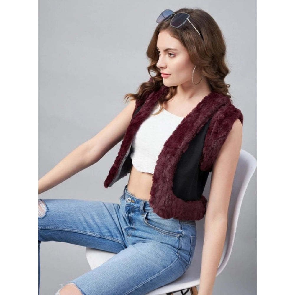 Seduva Women's Denim And Fur Solid Sleeveless Shrug (Black - Maroon)