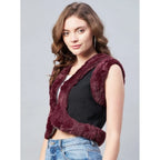 Seduva Women's Denim And Fur Solid Sleeveless Shrug (Black - Maroon)