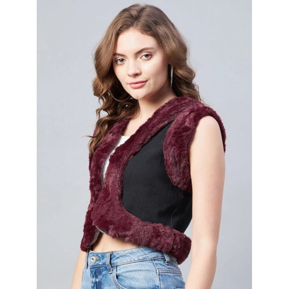 Seduva Women's Denim And Fur Solid Sleeveless Shrug (Black - Maroon)
