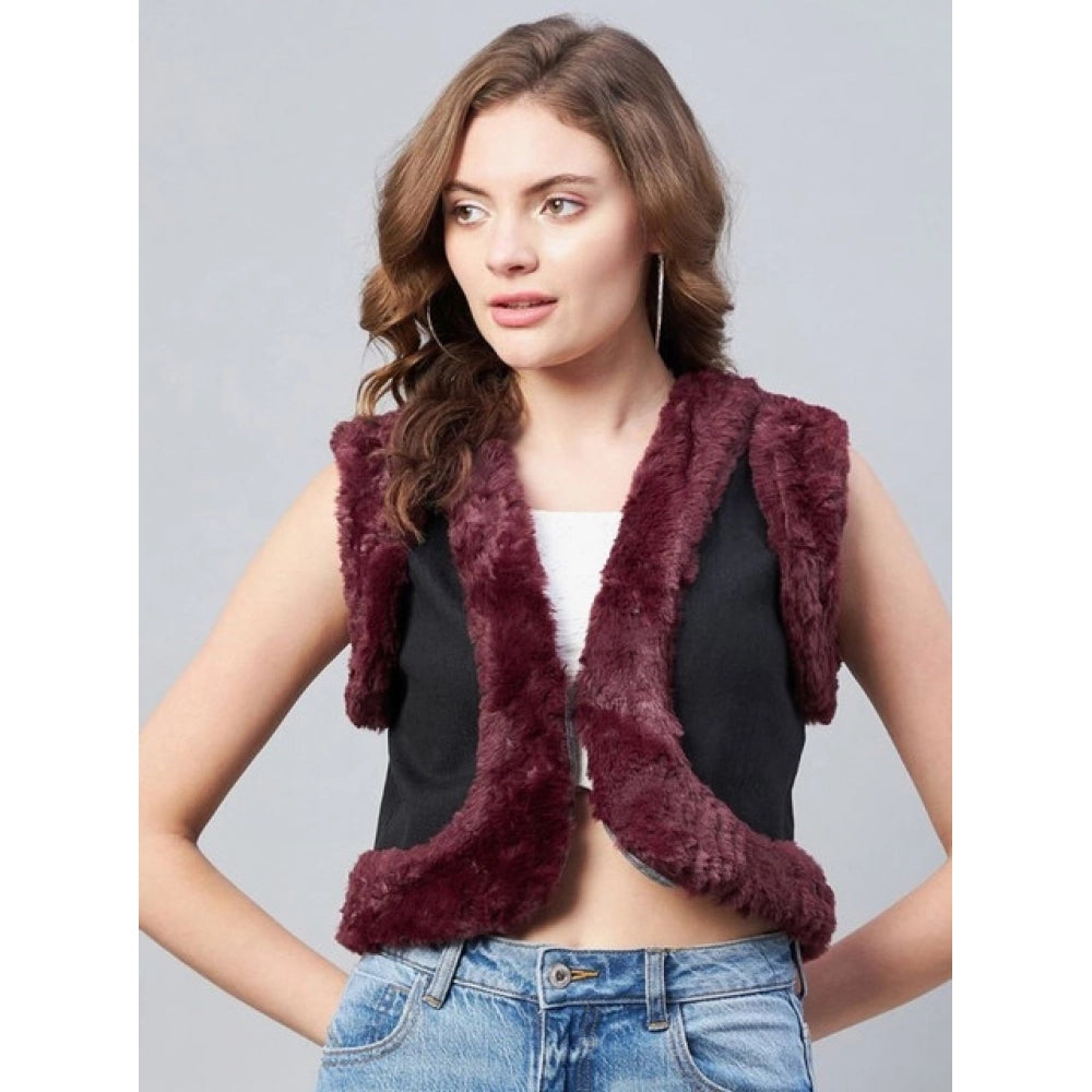 Seduva Women's Denim And Fur Solid Sleeveless Shrug (Black - Maroon)