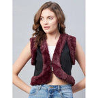 Seduva Women's Denim And Fur Solid Sleeveless Shrug (Black - Maroon)