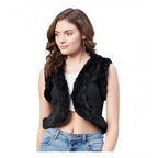 Seduva Women's Denim And Fur Solid Sleeveless Shrug (Black)