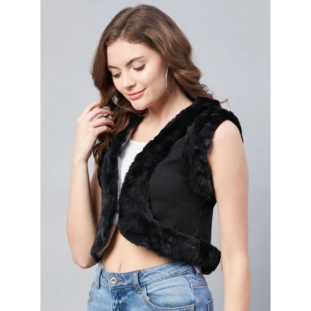 Seduva Women's Denim And Fur Solid Sleeveless Shrug (Black)