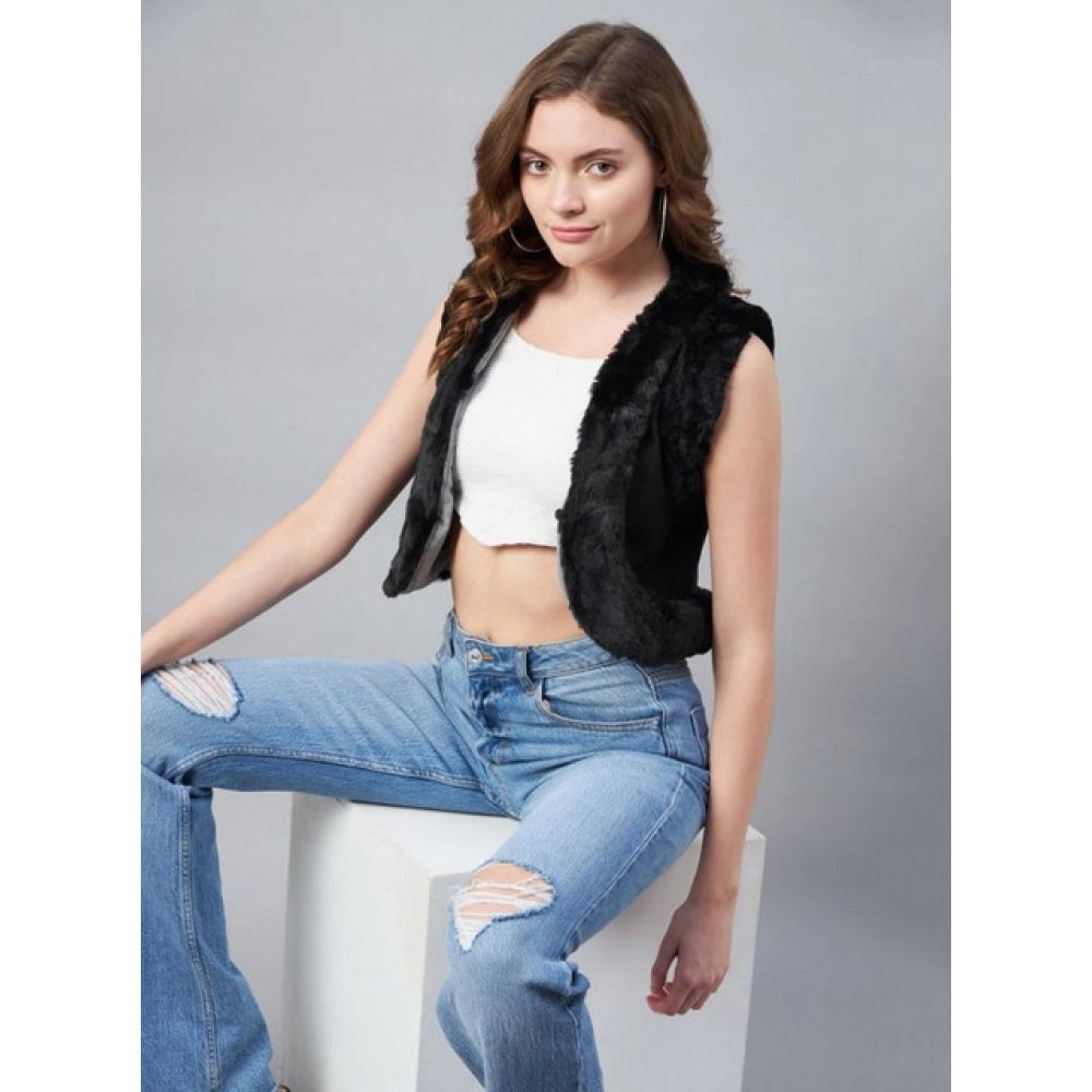 Seduva Women's Denim And Fur Solid Sleeveless Shrug (Black)