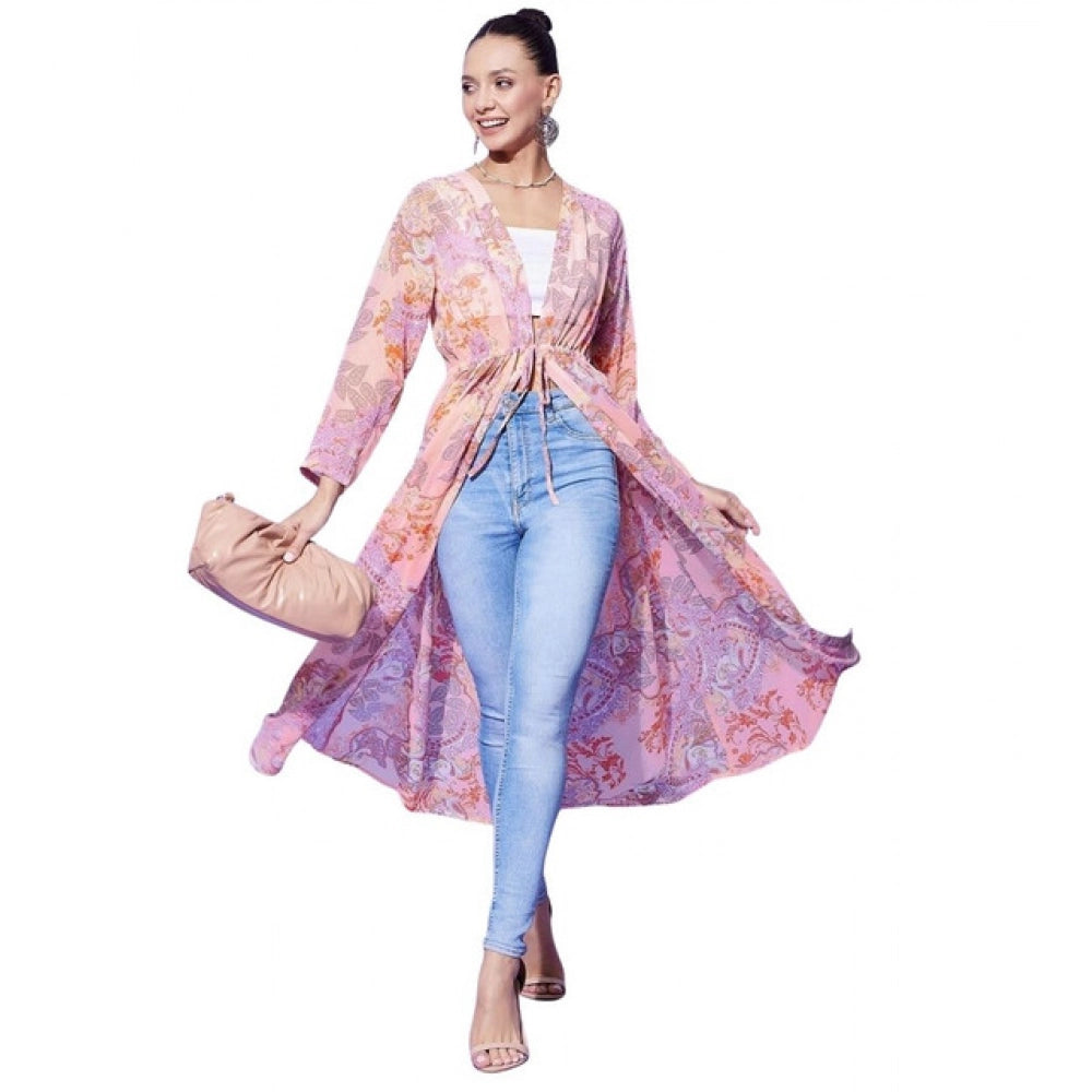 Seduva Women's Polyester Floral Long Sleeves Shrug (Peach)