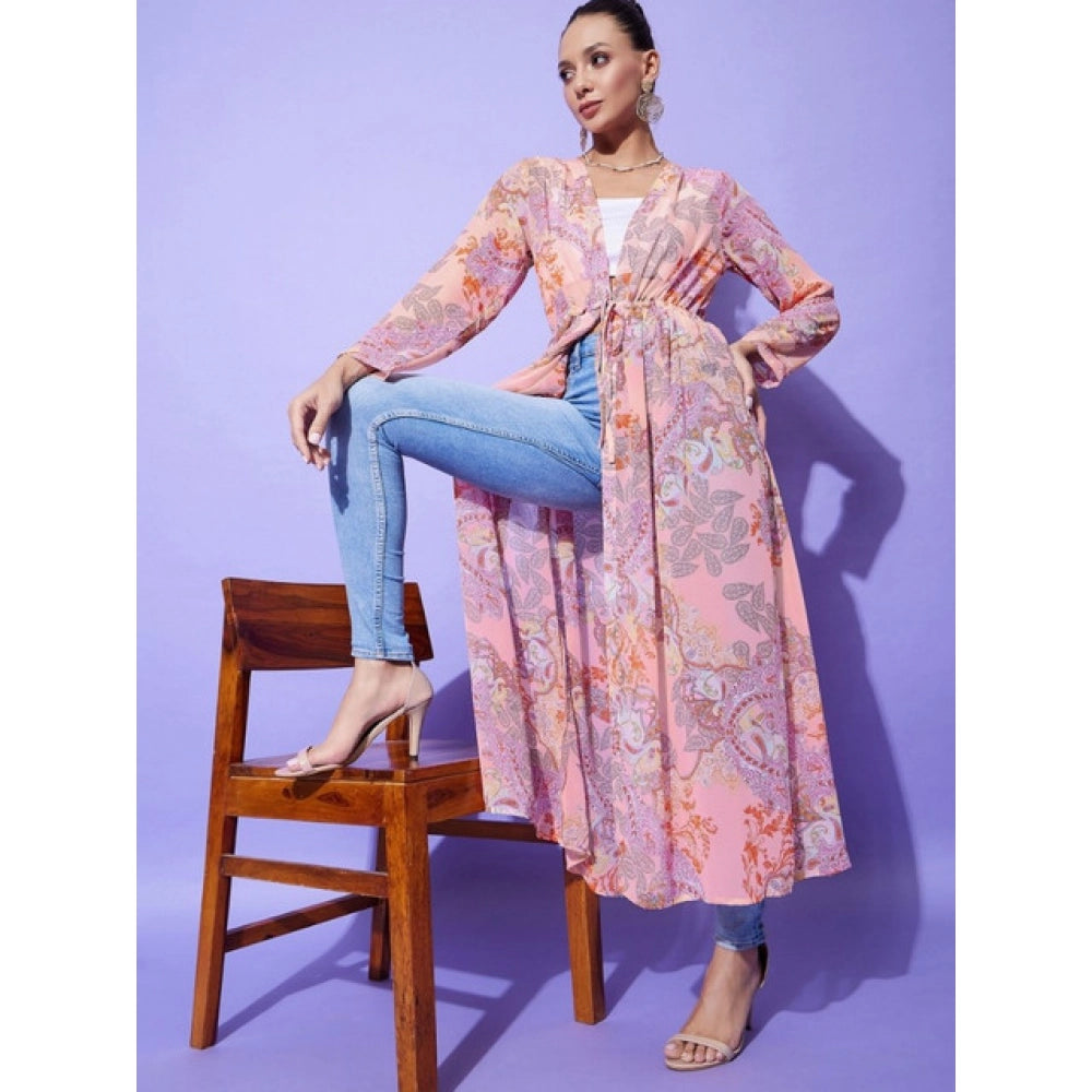 Seduva Women's Polyester Floral Long Sleeves Shrug (Peach)