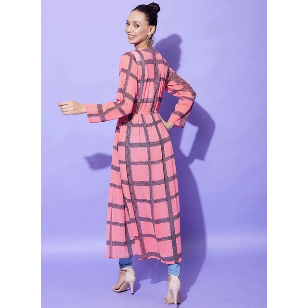 Seduva Women's Polyester Check Long Sleeves Shrug (Pink)