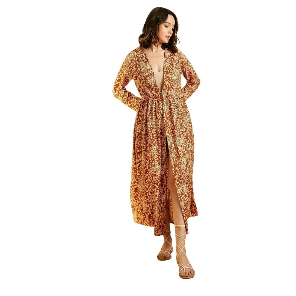 Seduva Women's Polyester Floral Long Sleeves Shrug (Brown)
