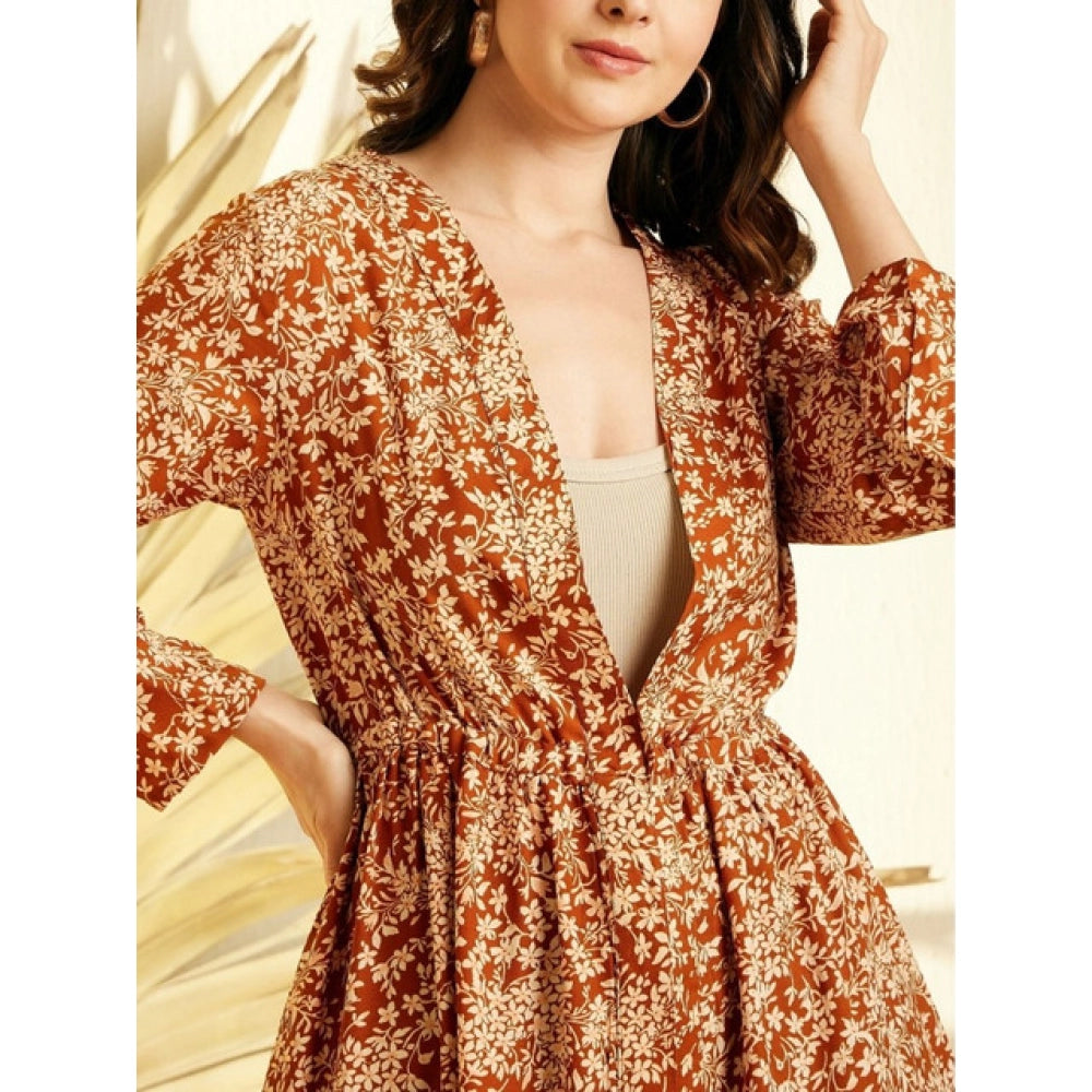 Seduva Women's Polyester Floral Long Sleeves Shrug (Brown)