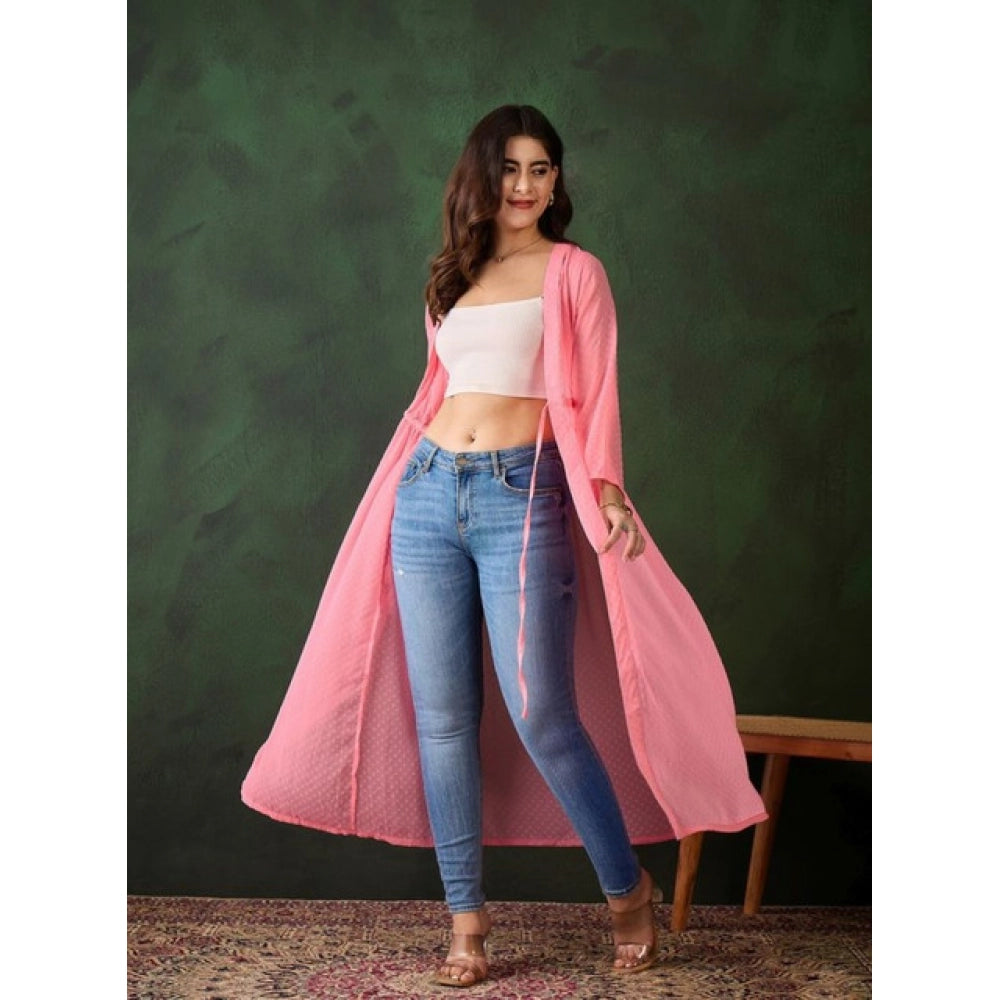 Seduva Women's Chiffon Self Design Long Sleeves Shrug (Pink)