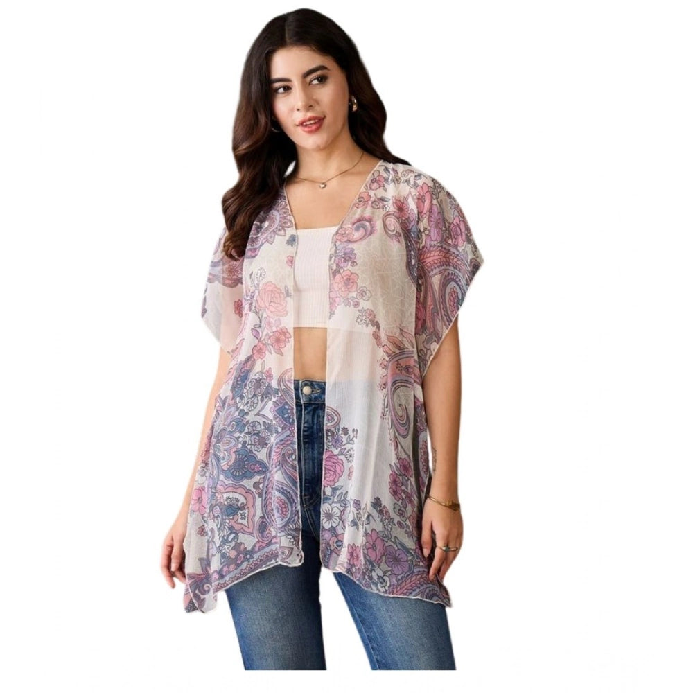 Seduva Women's Chiffon Printed Short Sleeves Shrug (White - Purple)