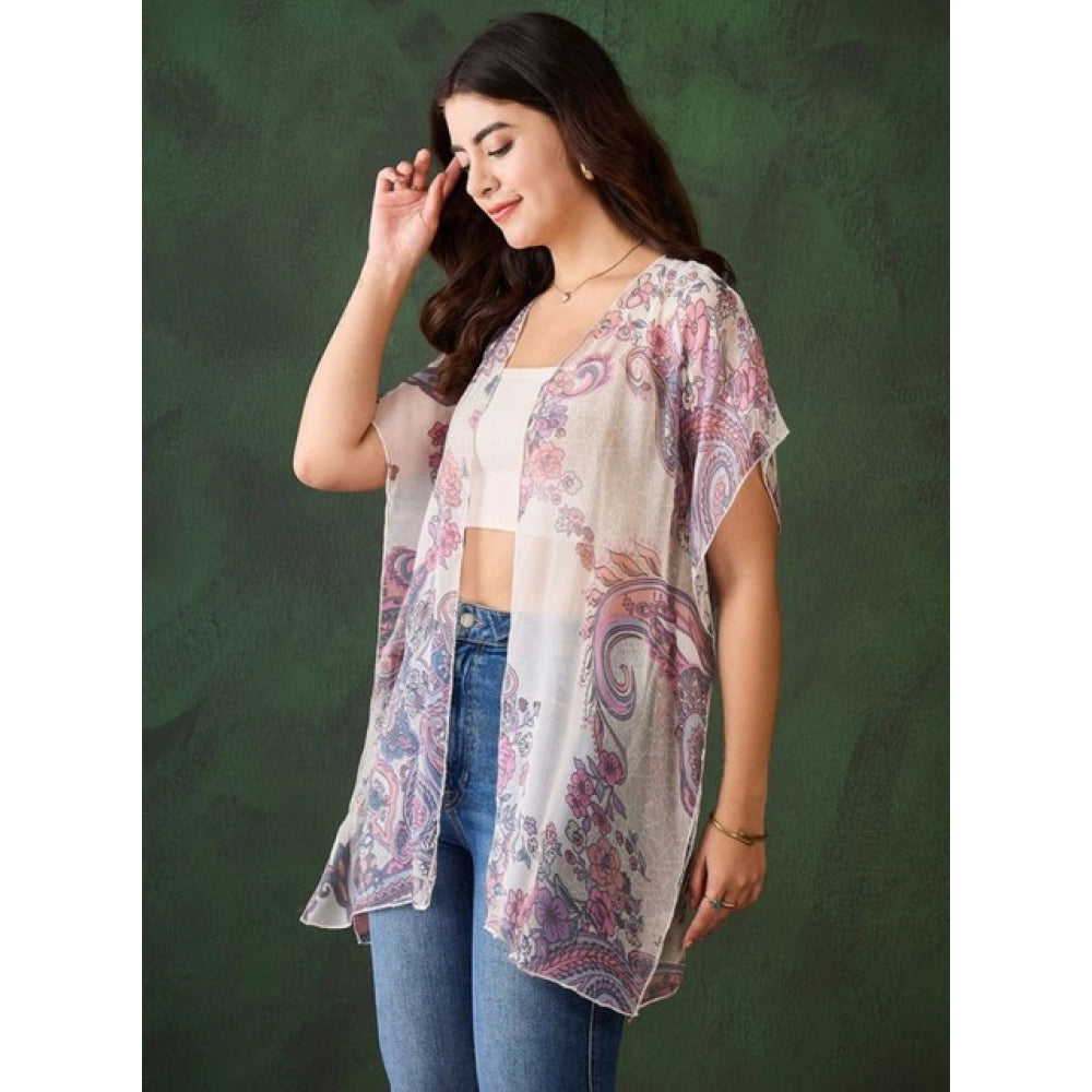 Seduva Women's Chiffon Printed Short Sleeves Shrug (White - Purple)