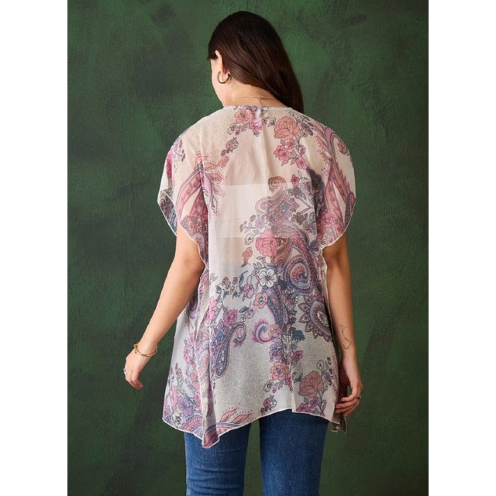 Seduva Women's Chiffon Printed Short Sleeves Shrug (White - Purple)