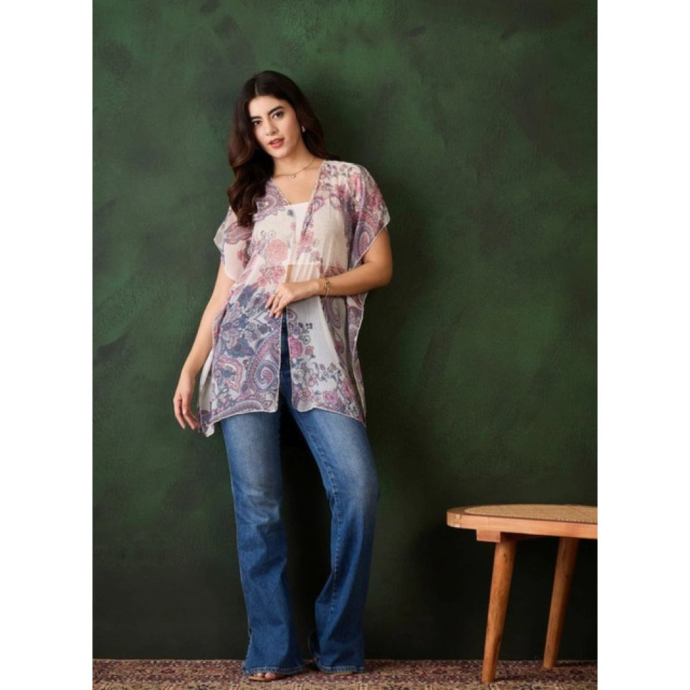 Seduva Women's Chiffon Printed Short Sleeves Shrug (White - Purple)