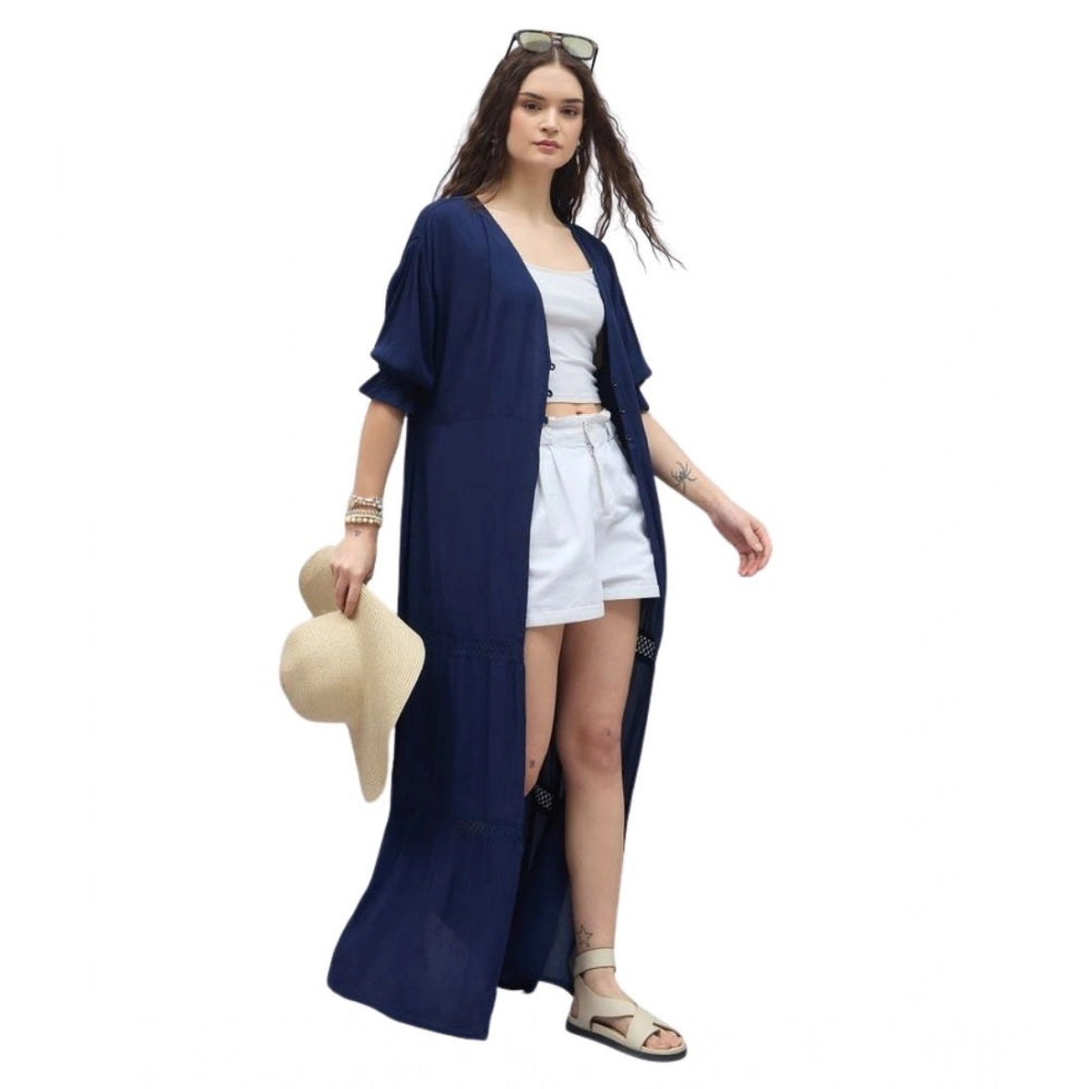 Seduva Women's Rayon Crepe Lace Inserts 3-4th Sleeve Shrug (Navy)