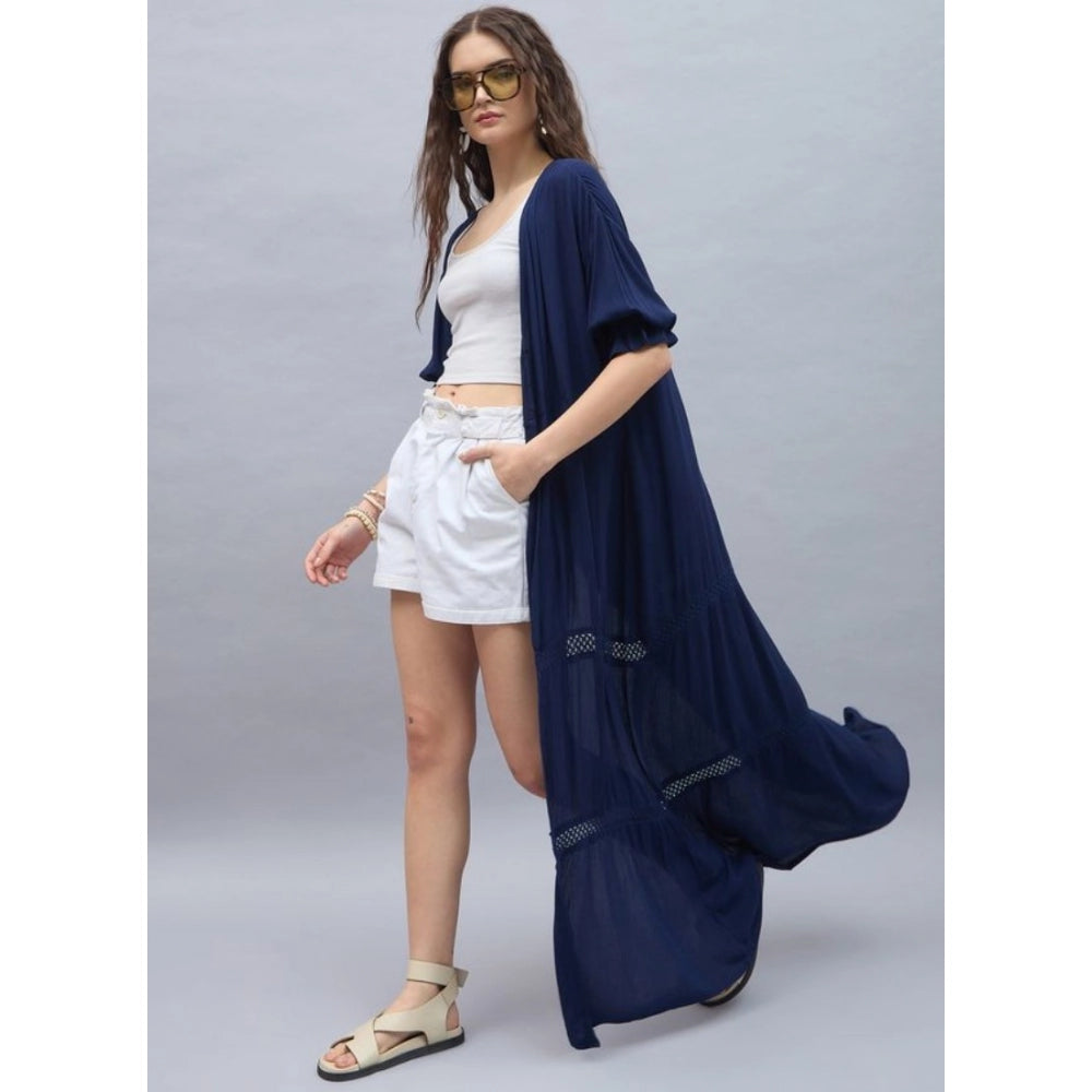 Seduva Women's Rayon Crepe Lace Inserts 3-4th Sleeve Shrug (Navy)