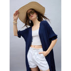 Seduva Women's Rayon Crepe Lace Inserts 3-4th Sleeve Shrug (Navy)