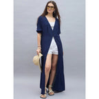 Seduva Women's Rayon Crepe Lace Inserts 3-4th Sleeve Shrug (Navy)
