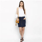 Seduva Women's Denim Front Button Buttoned Skirt (Blue)