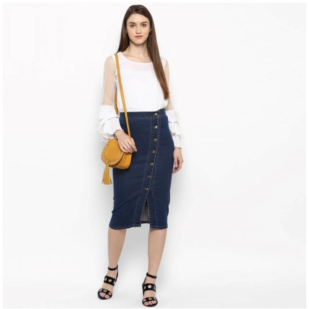 Seduva Women's Denim Front Button Buttoned Skirt (Blue)