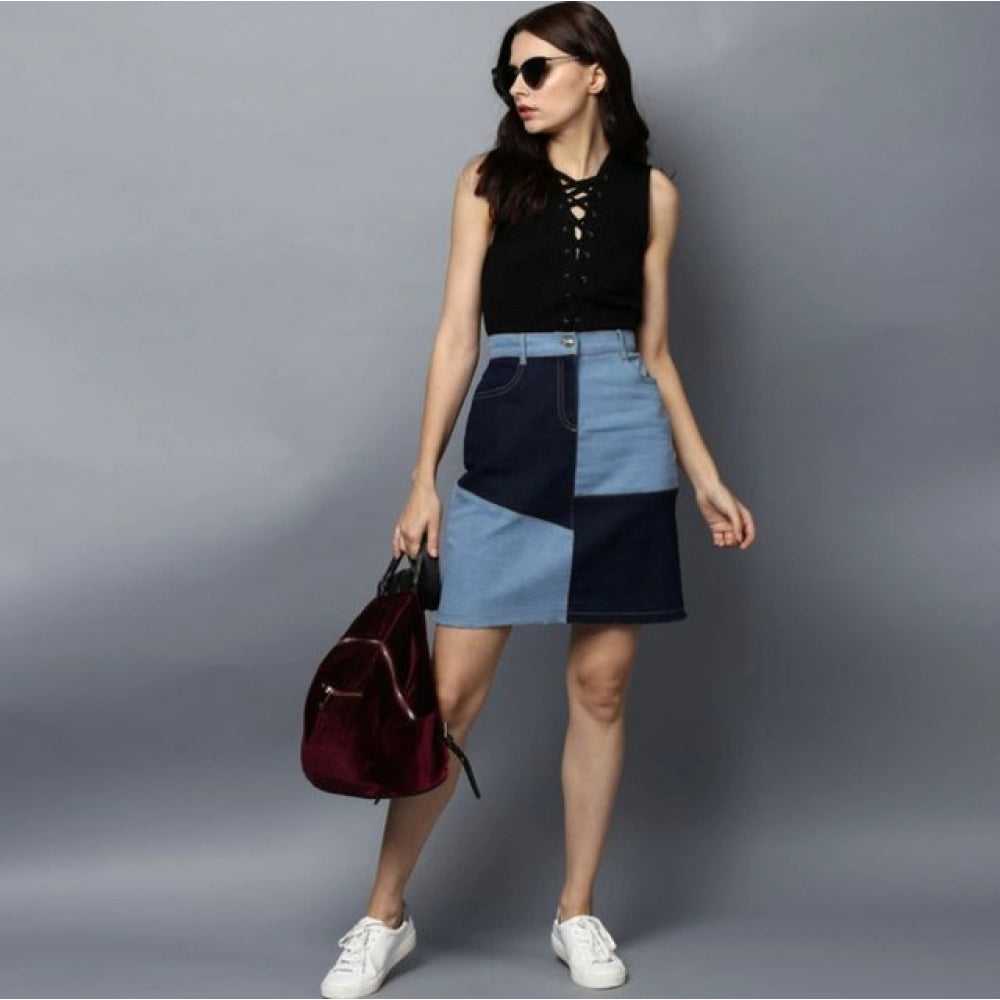 Seduva Women's Denim Brick Style Buttoned Skirt (Blue)