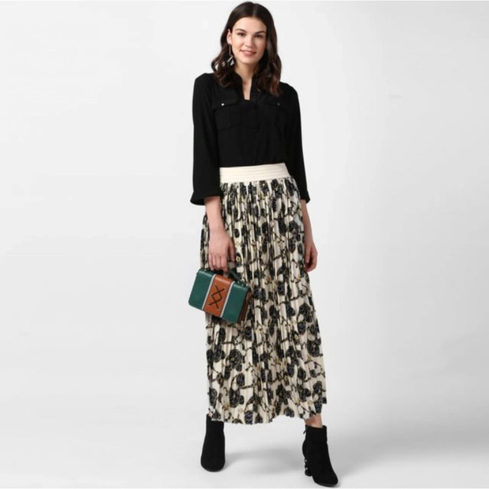 Seduva Women's Georgette Chain Print Elasticated Skirt (Cream-Black)