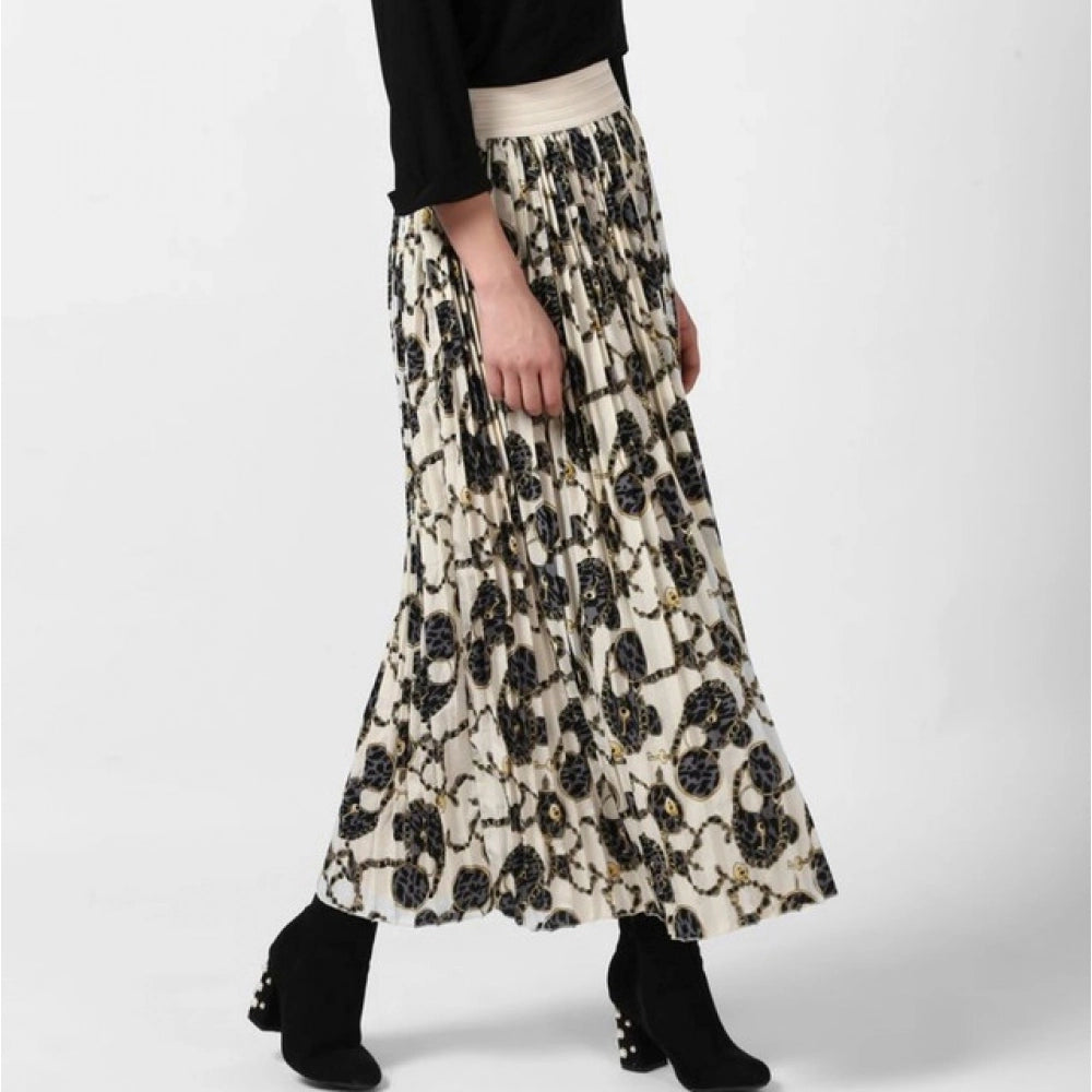 Seduva Women's Georgette Chain Print Elasticated Skirt (Cream-Black)
