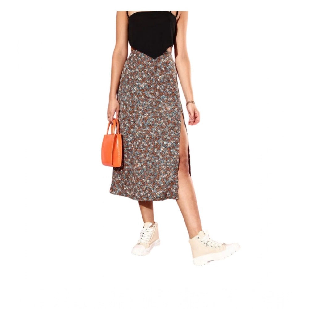 Seduva Women's Polyester Floral Side Zip Skirt (Grey - Coral)
