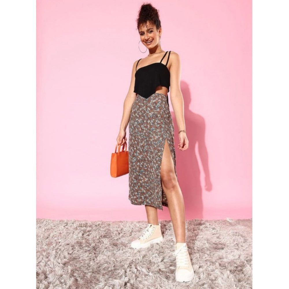 Seduva Women's Polyester Floral Side Zip Skirt (Grey - Coral)